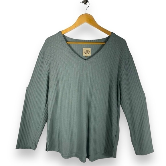 4 for $20 SALE! Chaser Waffle Knit Thermal V Neck Long Sleeve Top, Mint, Size XL - Picture 2 of 10